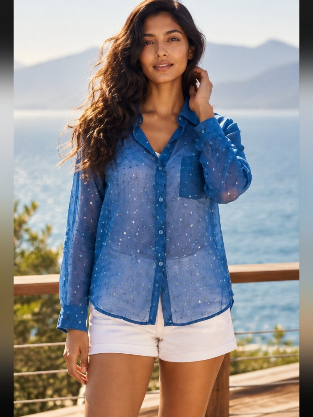 Express Sheer Long Sleeve Blue with Star Print Size Small Petite